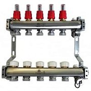 Коллекторный блок Gekon для тепл.пола 1"x3/4"EU отв.-5, с воздухоотводчиками и сливными клапанами